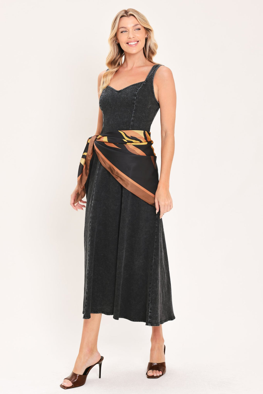 Darkwash Scarf Elegance Denim Midi Dress from KADOU Boutique