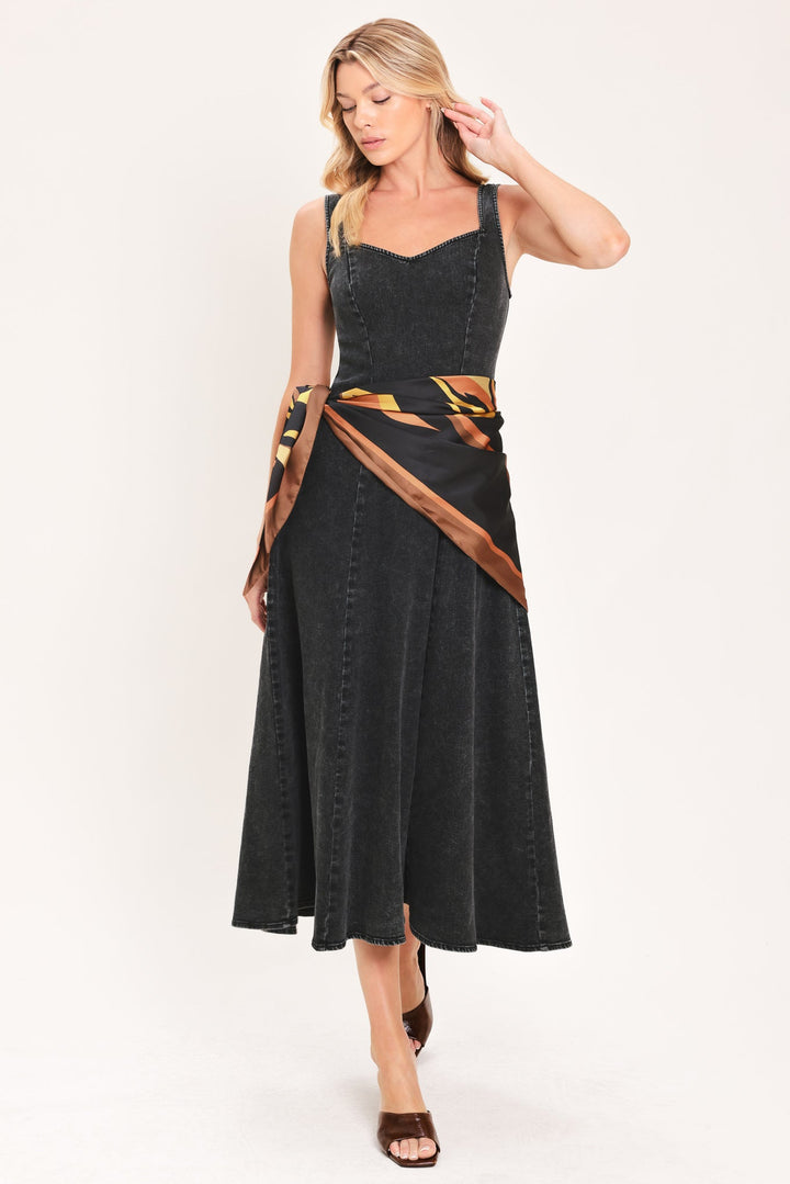 Darkwash Scarf Elegance Denim Midi Dress from KADOU Boutique