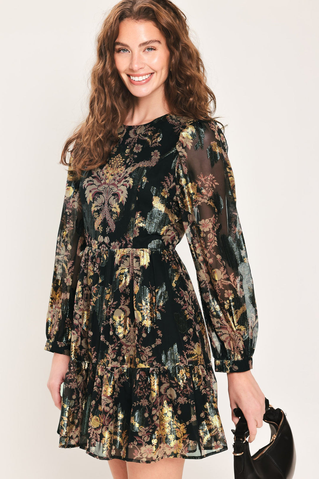 Midnight Flirt Black Printed Ruffle-Hem Mini Dress from KADOU Boutique