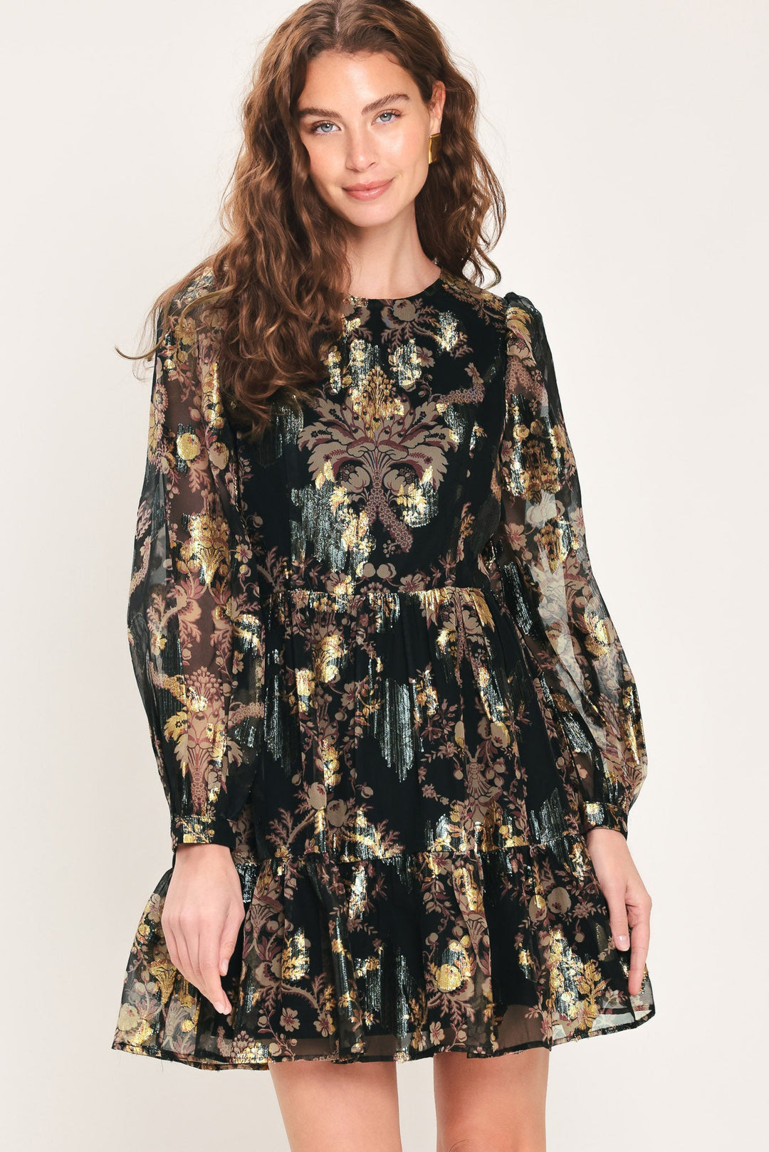 Midnight Flirt Black Printed Ruffle-Hem Mini Dress from KADOU Boutique