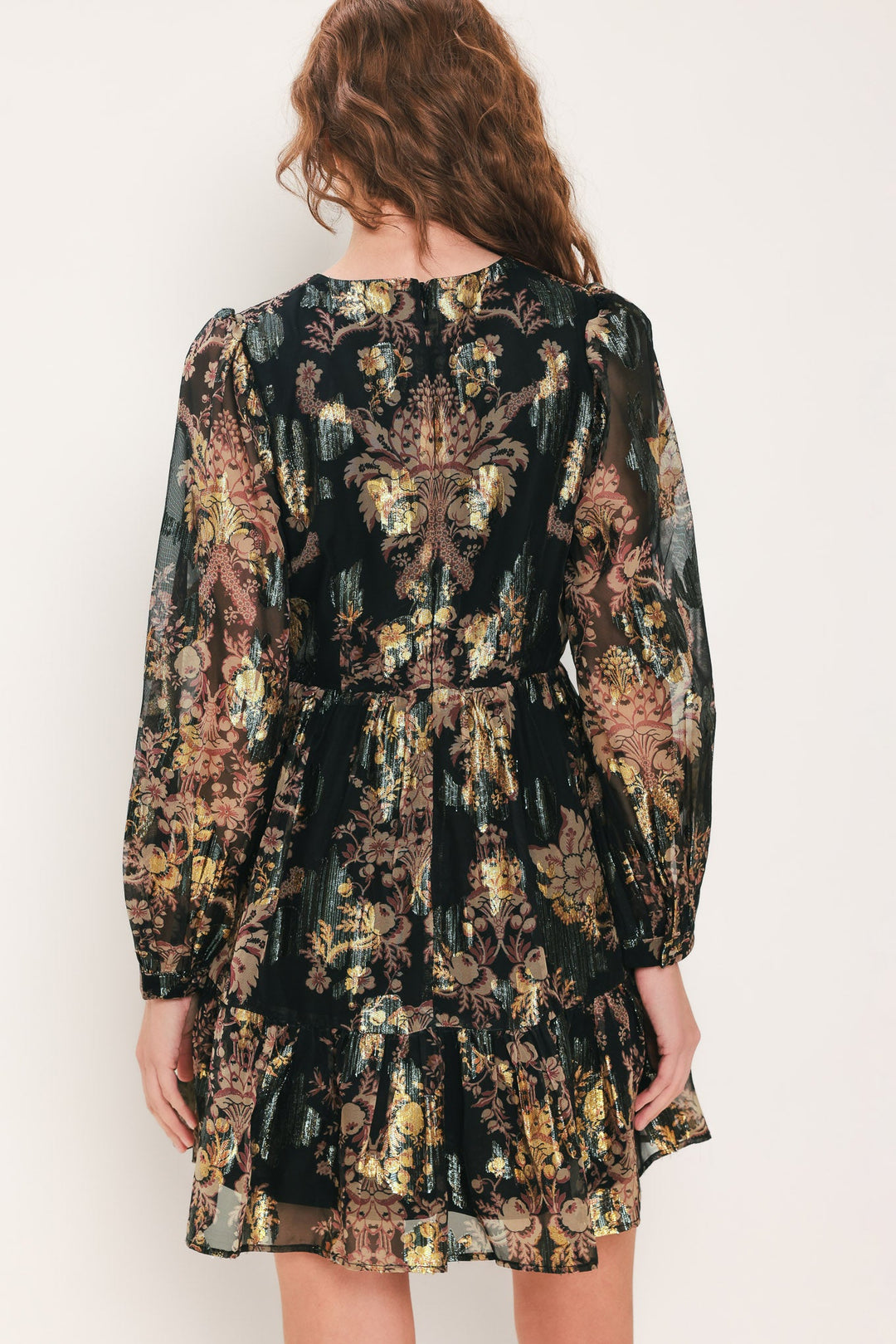 MIDNIGHT FLIRT BLACK PRINTED RUFFLE-HEM MINI DRESS