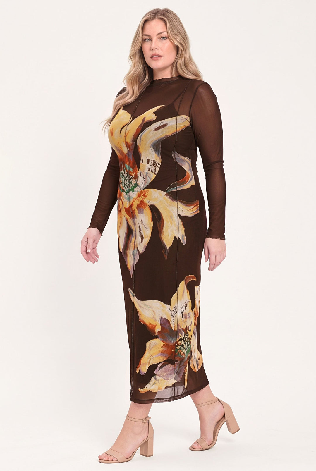 MOCHA MYSTIQUE DARK BROWN PRINTED MESH MIDI DRESS
