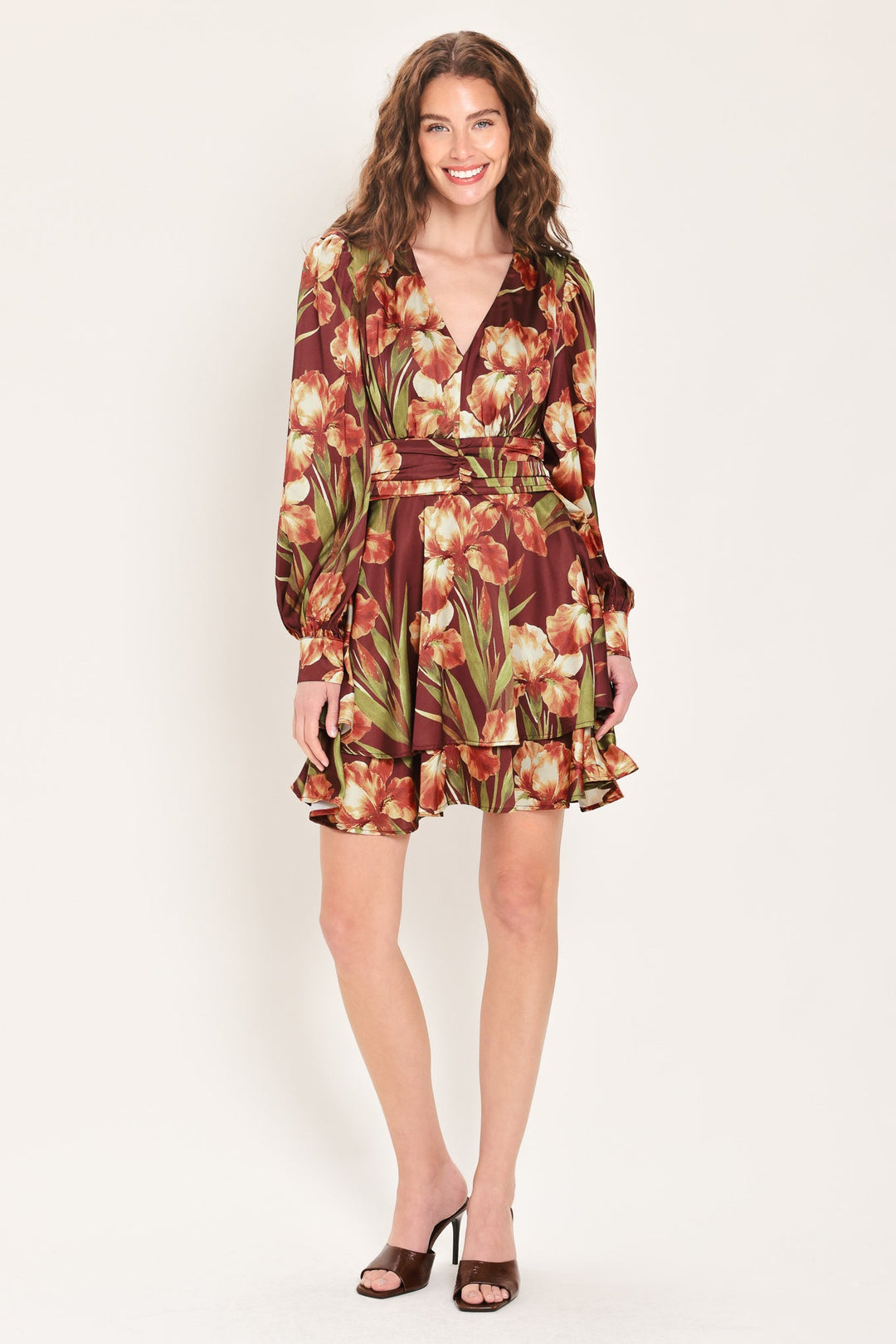BURGUNDY CRUSH PRINTED RUCHED-WAIST TIERED MINI DRESS