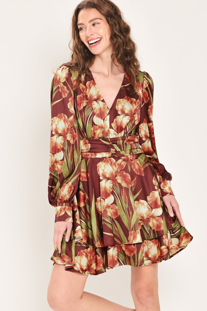 BURGUNDY CRUSH PRINTED RUCHED-WAIST TIERED MINI DRESS