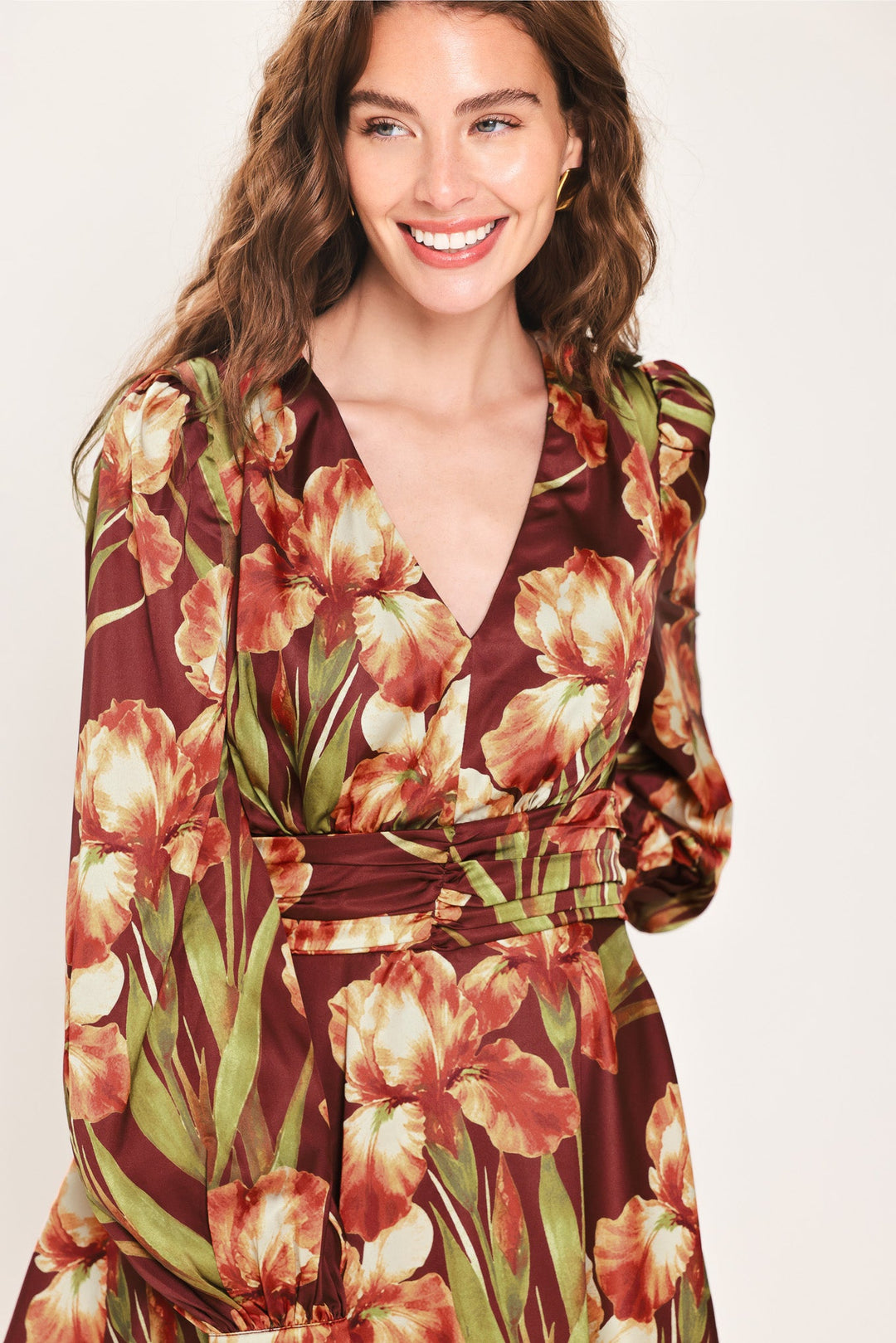 BURGUNDY CRUSH PRINTED RUCHED-WAIST TIERED MINI DRESS
