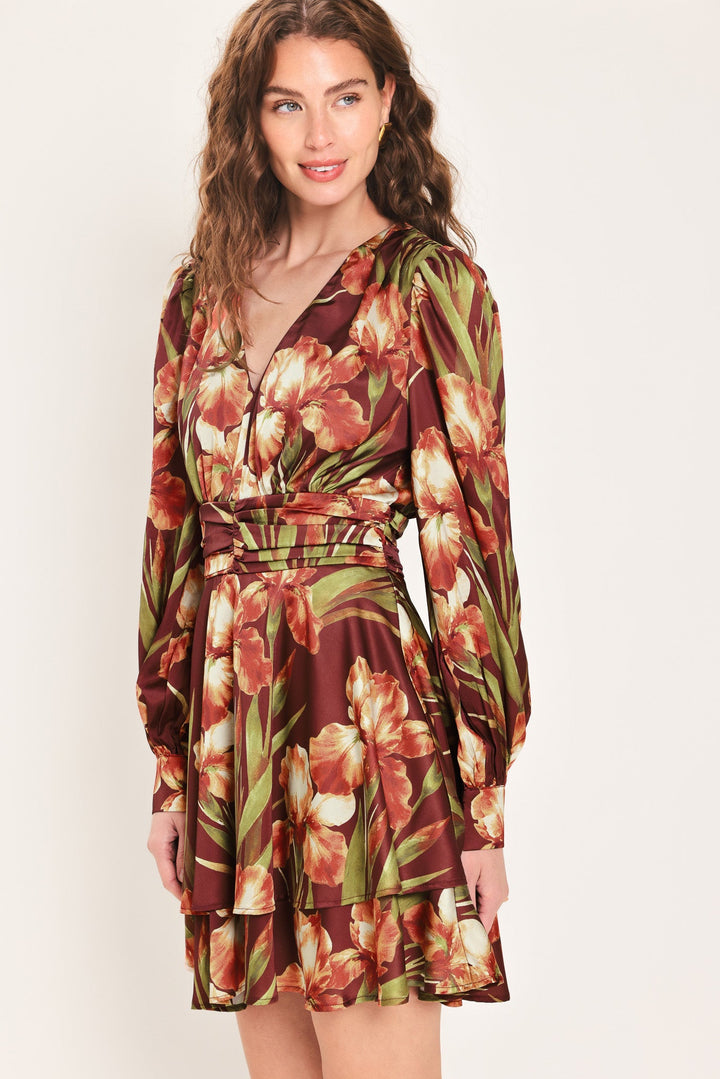 BURGUNDY CRUSH PRINTED RUCHED-WAIST TIERED MINI DRESS