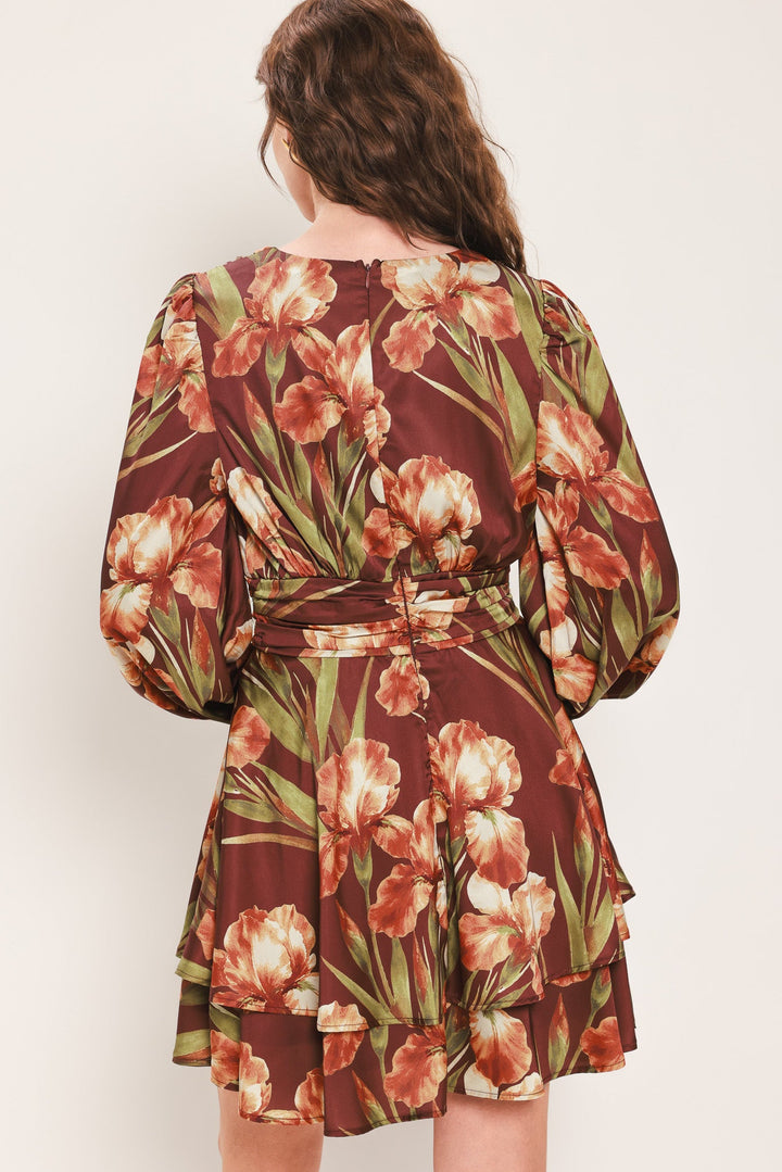 BURGUNDY CRUSH PRINTED RUCHED-WAIST TIERED MINI DRESS