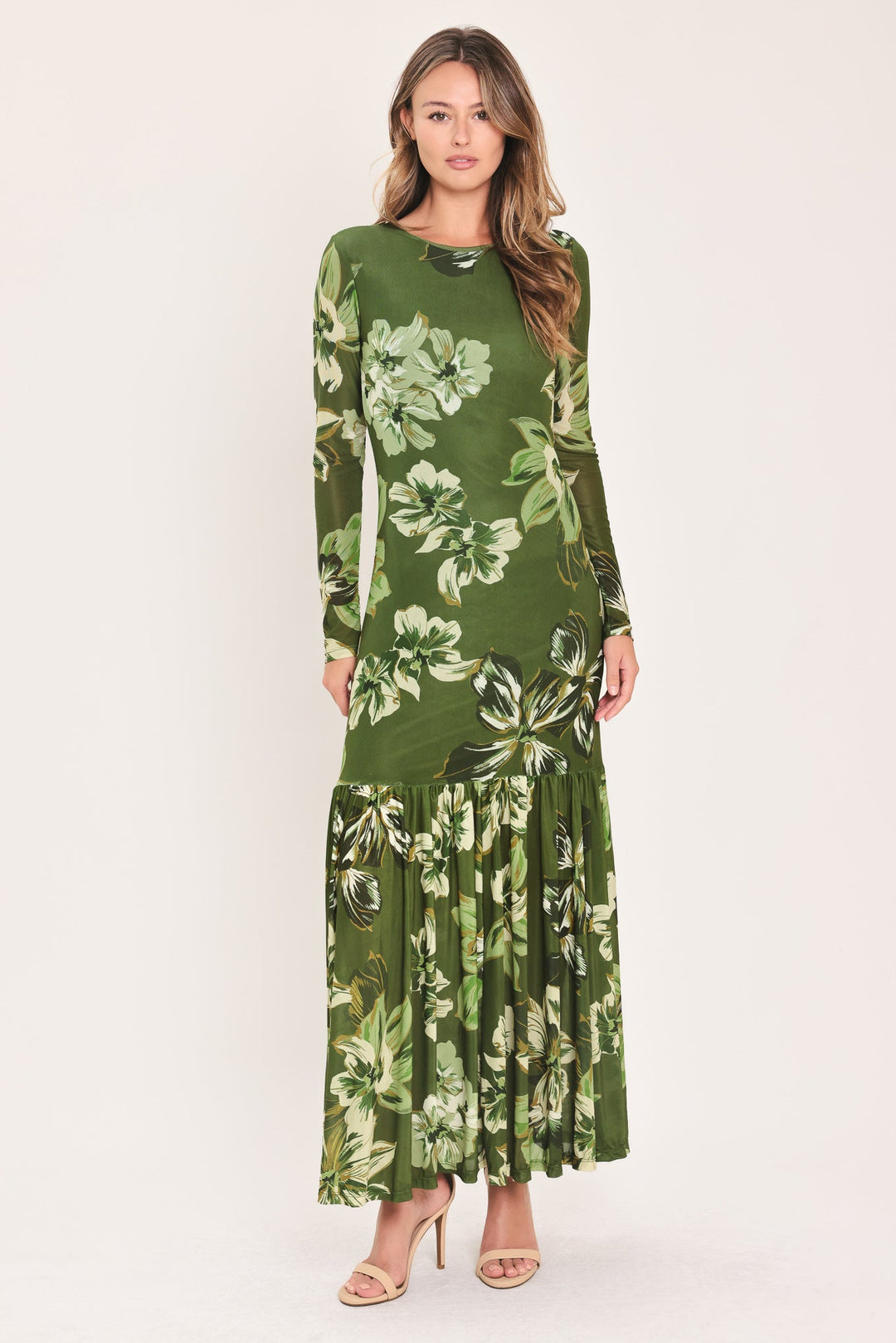 Enchanted Grove Moss Green Printed Mesh Ankle Dress from KADOU Boutique