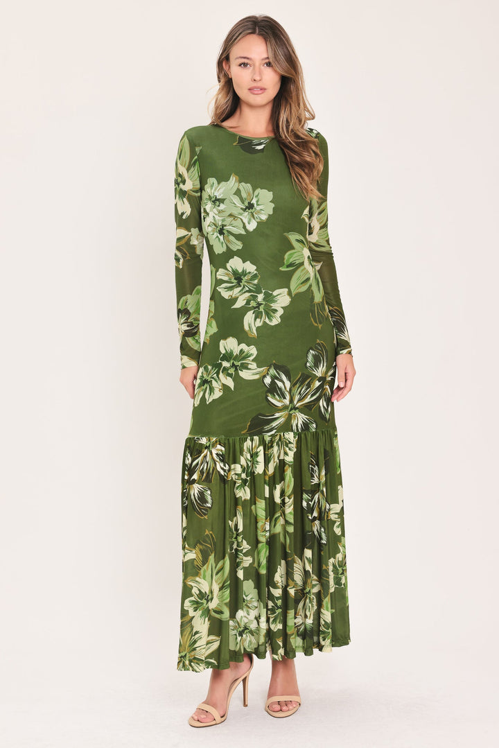 Enchanted Grove Moss Green Printed Mesh Ankle Dress from KADOU Boutique