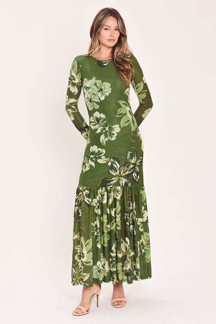 Enchanted Grove Moss Green Printed Mesh Ankle Dress from KADOU Boutique