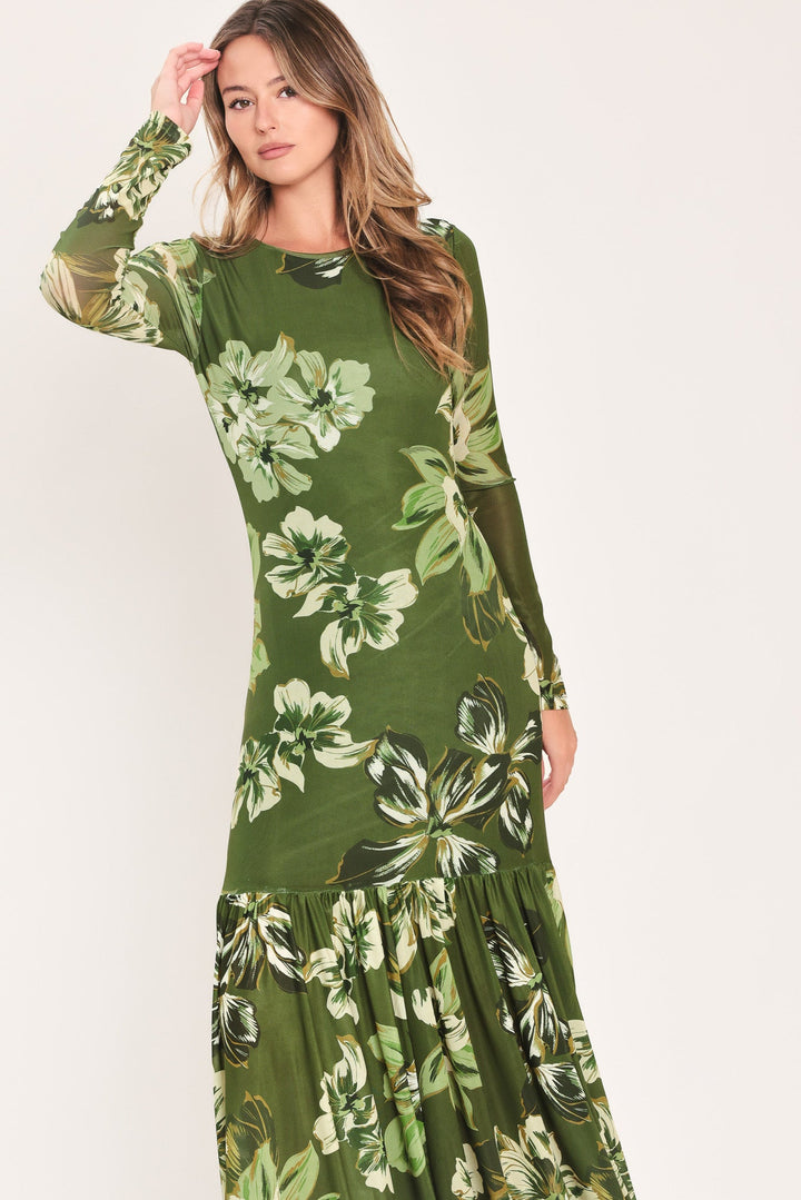 Enchanted Grove Moss Green Printed Mesh Ankle Dress from KADOU Boutique