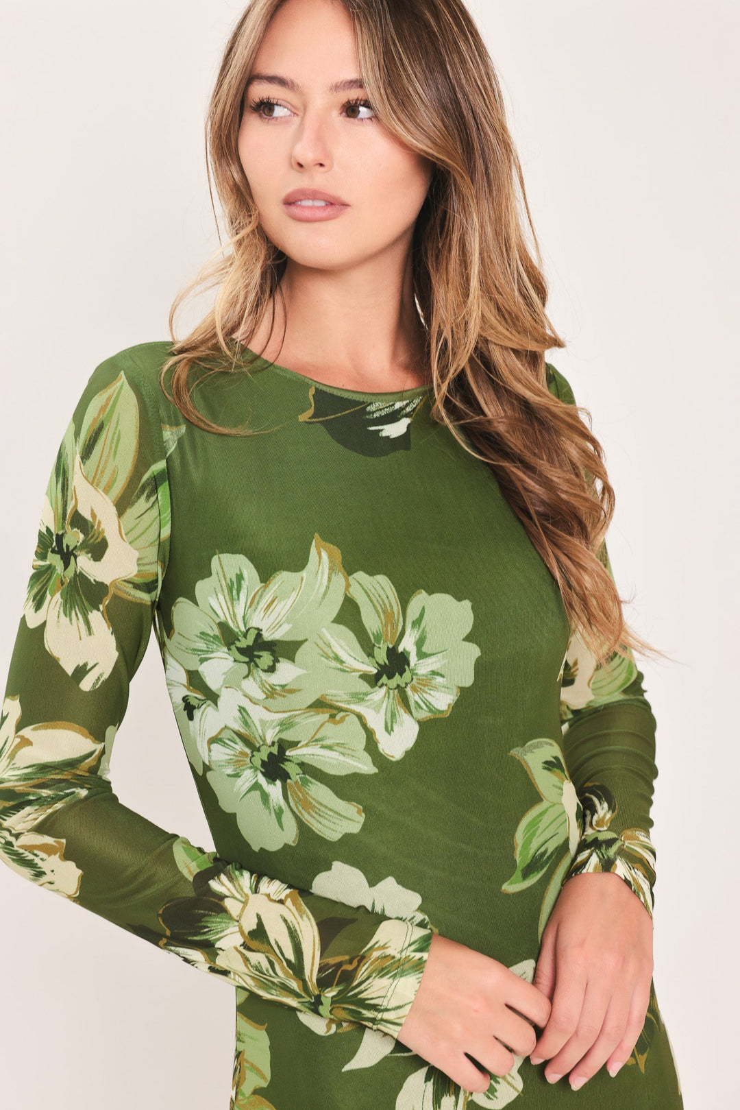 Enchanted Grove Moss Green Printed Mesh Ankle Dress from KADOU Boutique