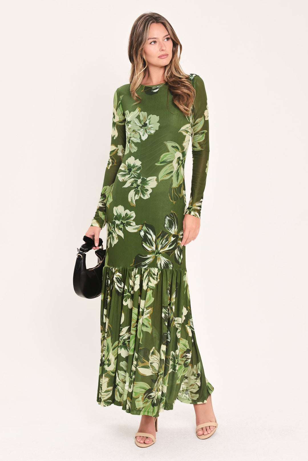 Enchanted Grove Moss Green Printed Mesh Ankle Dress from KADOU Boutique