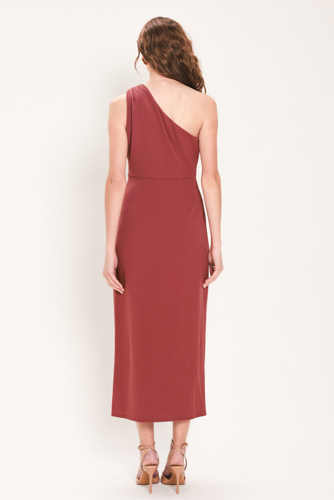 SIENNA STATEMENT BURNT SIENNA RUFFLE ONE-SHOULDER MIDI DRESS
