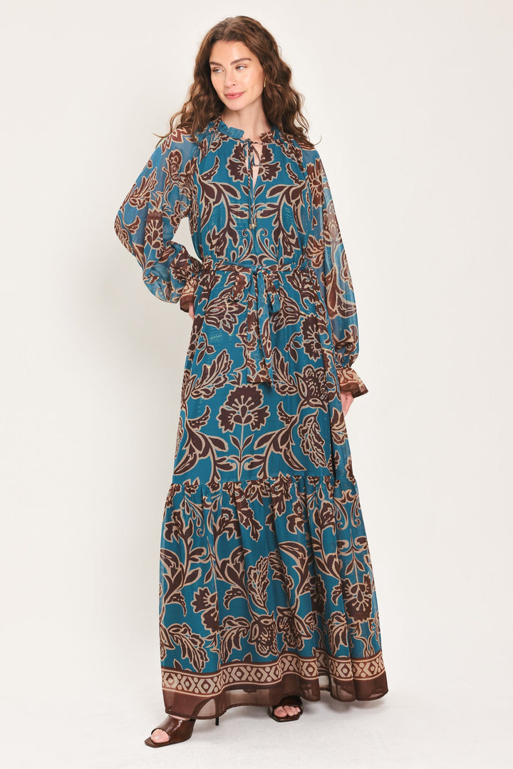 TEAL ESCAPE PRINTED RUFFLE-NECK BELTED MAXI DRESS