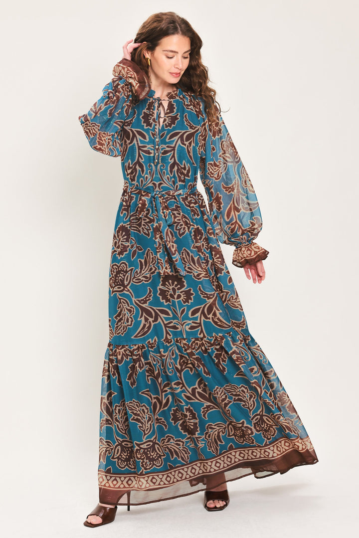 TEAL ESCAPE PRINTED RUFFLE-NECK BELTED MAXI DRESS