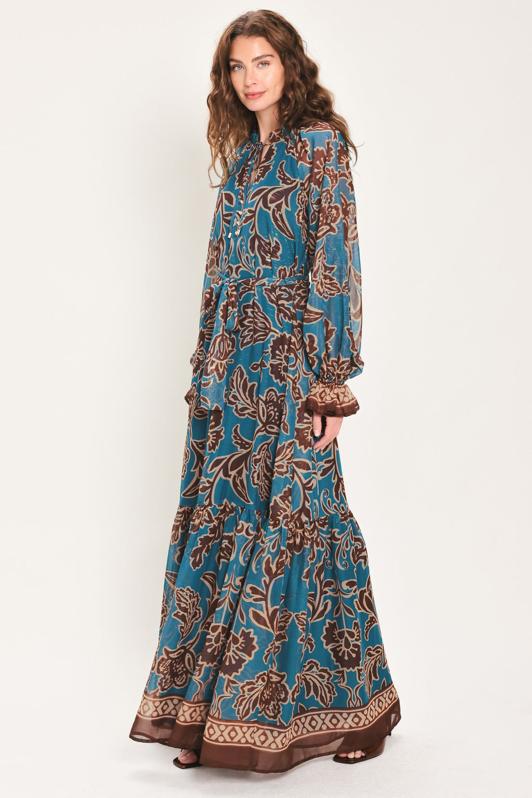 TEAL ESCAPE PRINTED RUFFLE-NECK BELTED MAXI DRESS