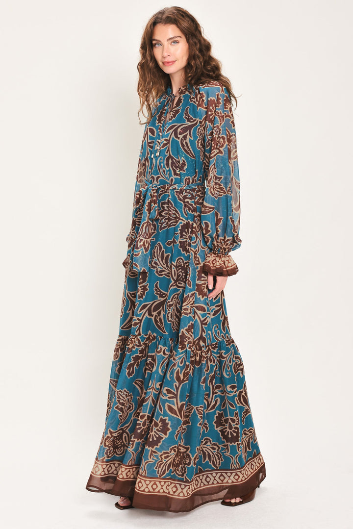 TEAL ESCAPE PRINTED RUFFLE-NECK BELTED MAXI DRESS