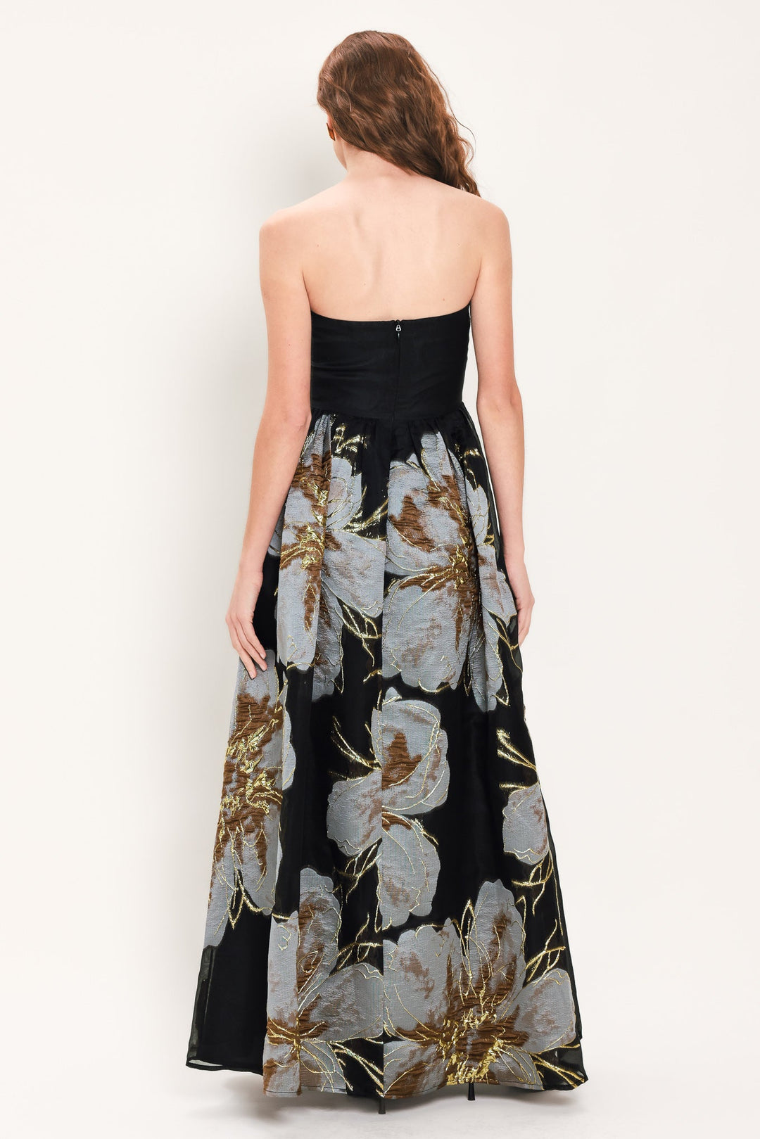 NOIR GARDEN BLACK STRAPLESS PRINTED FULL-SKIRT MAXI DRESS