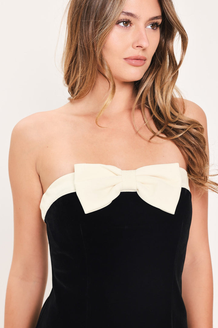 BOW &amp; VELVET BLACK/IVORY BOW-DETAIL MINI DRESS