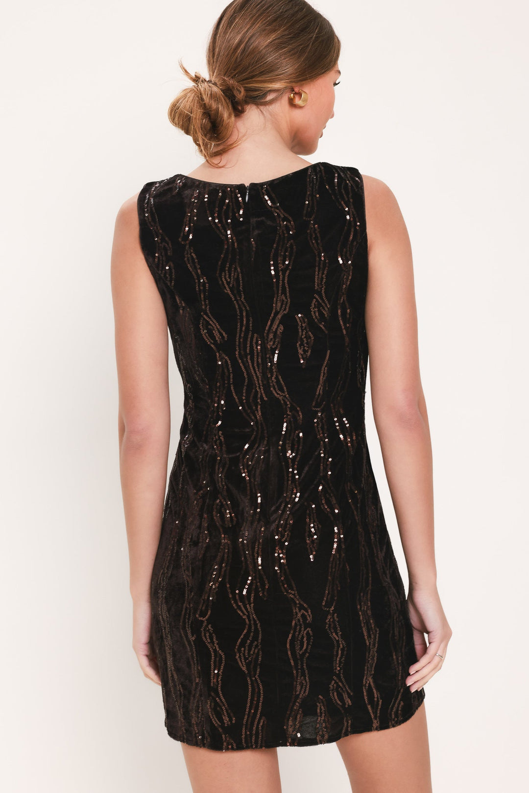 COCOA GLITZ DARK BROWN SEQUIN VELVET MINI DRESS