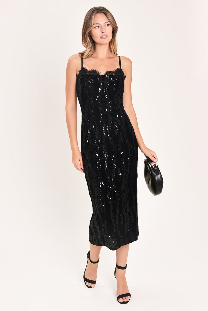 VELVET OBSESSION BLACK SEQUIN SWEETHEART MIDI DRESS