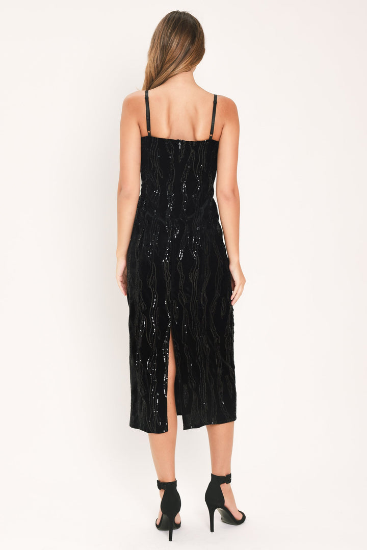 VELVET OBSESSION BLACK SEQUIN SWEETHEART MIDI DRESS