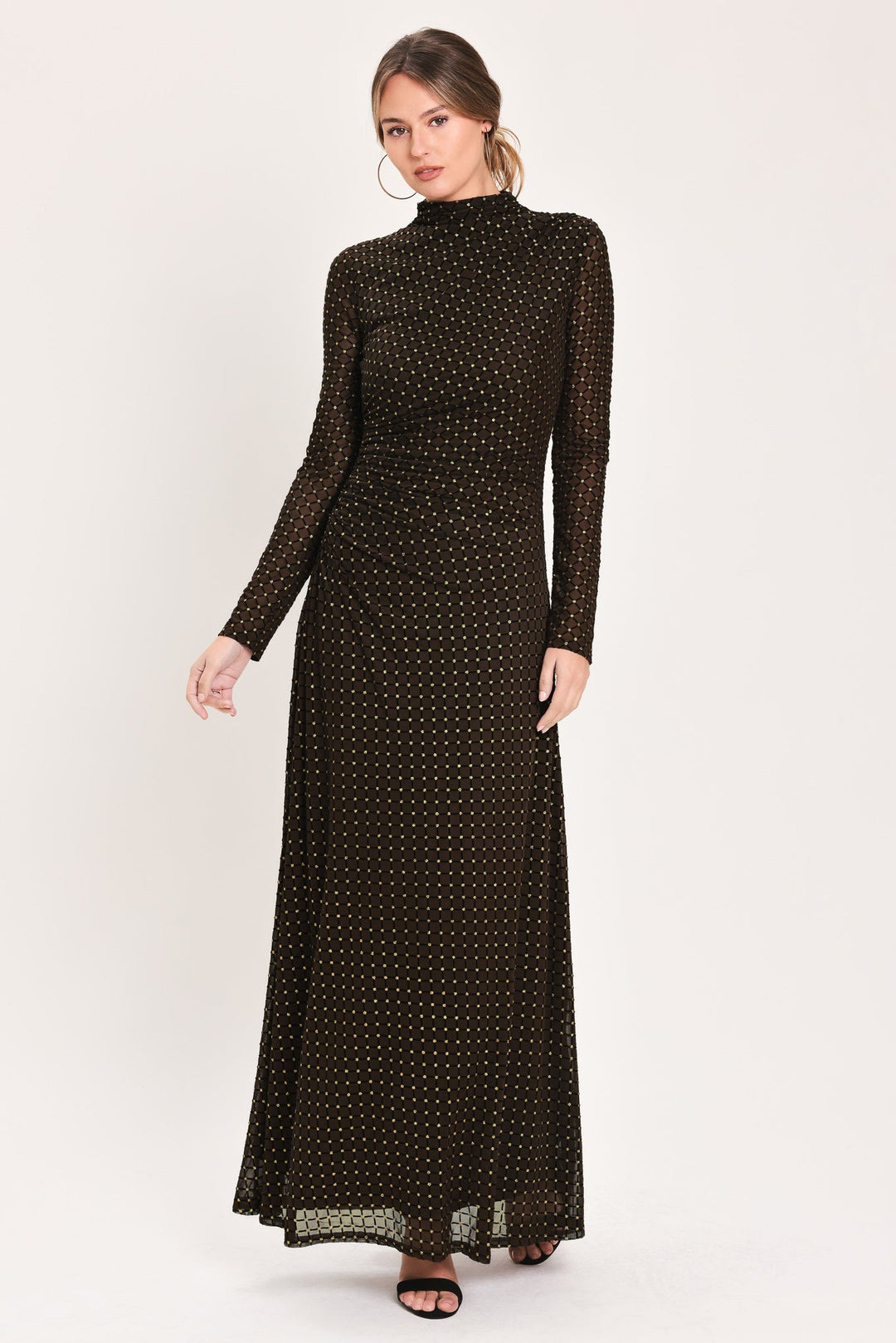 COCOA VEIL DARK BROWN BURNOUT VELVET MESH MAXI DRESS
