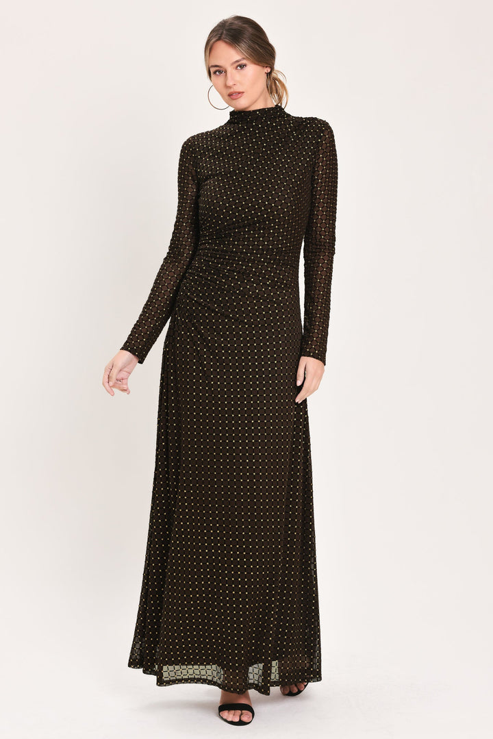 COCOA VEIL DARK BROWN BURNOUT VELVET MESH MAXI DRESS