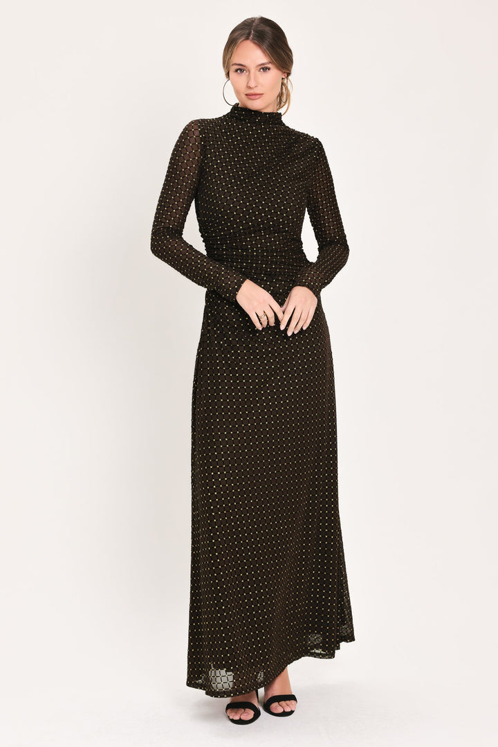 COCOA VEIL DARK BROWN BURNOUT VELVET MESH MAXI DRESS