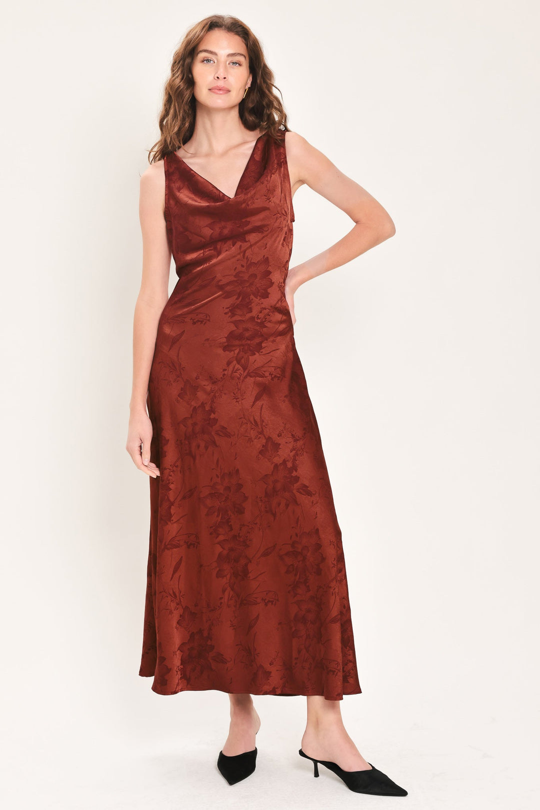 BRICK BEAUTY JACQUARD COWL-NECK TWIST-BACK MIDI DRESS