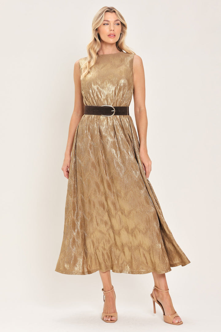 GOLDEN GLIMMER GOLD FOIL BELTED MIDI DRESS