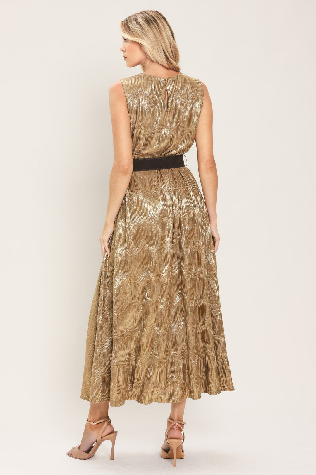 GOLDEN GLIMMER GOLD FOIL BELTED MIDI DRESS
