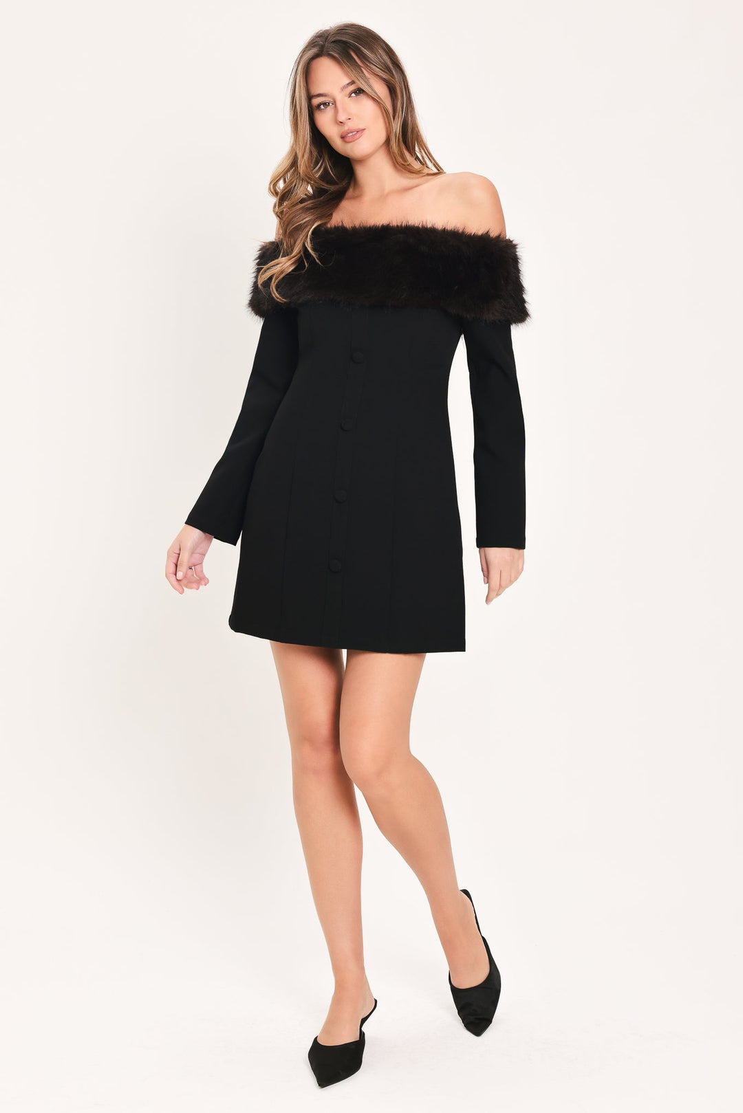 NOIR FROST BLACK FAUX-FUR OFF-SHOULDER MINI DRESS