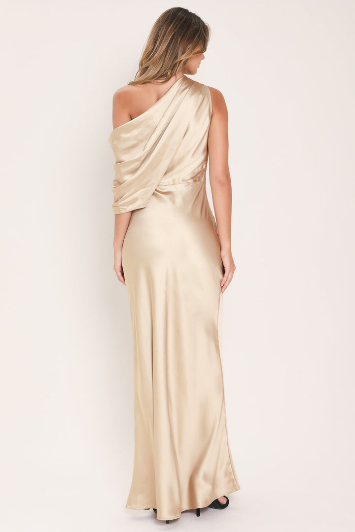 GILDED DRAPE SATIN ONE-SHOULDER MAXI DRESS