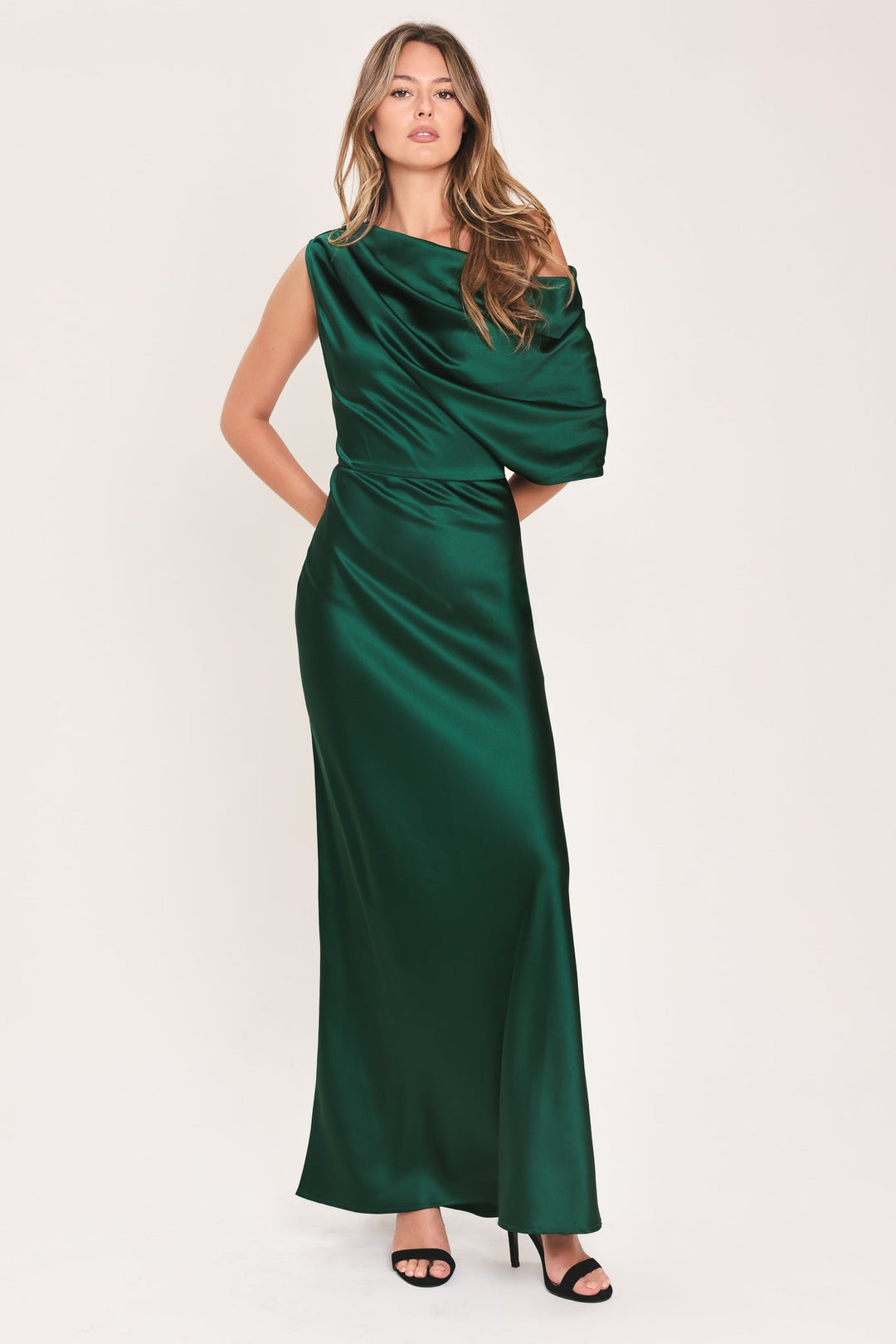 GILDED DRAPE SATIN ONE-SHOULDER MAXI DRESS
