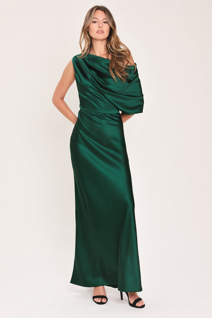 GILDED DRAPE SATIN ONE-SHOULDER MAXI DRESS