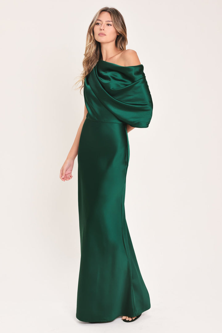 GILDED DRAPE SATIN ONE-SHOULDER MAXI DRESS