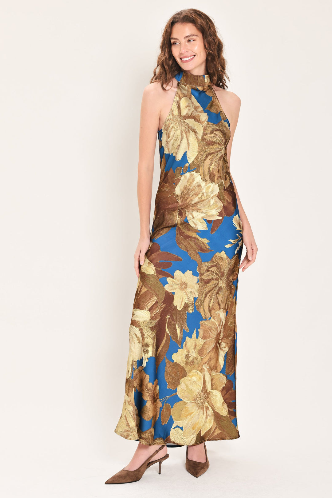 DEEP TEAL DREAM PRINTED HIGH-HALTER MAXI DRESS