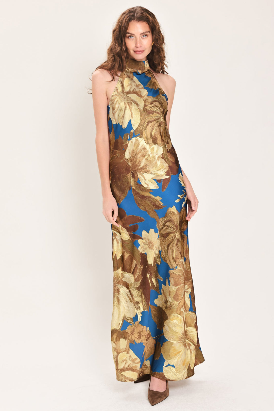 DEEP TEAL DREAM PRINTED HIGH-HALTER MAXI DRESS