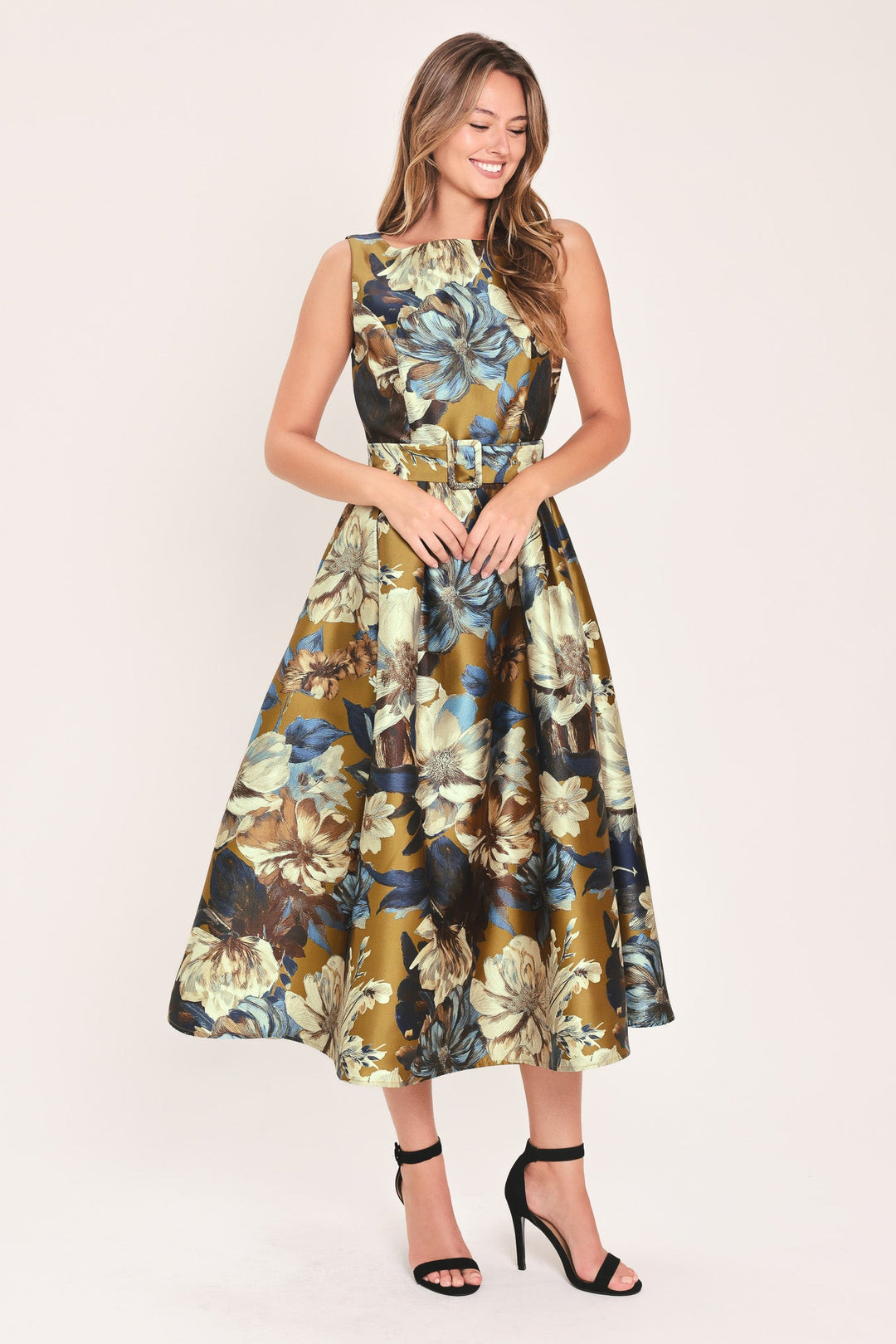 GOLDEN MEADOW DIJON PRINTED BELTED MIDI DRESS