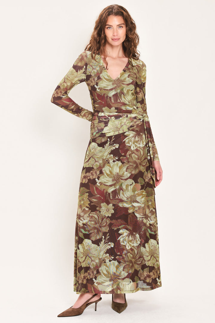MAROON MUSE DARK MAROON PRINTED SCARF-SASH MESH MAXI DRESS