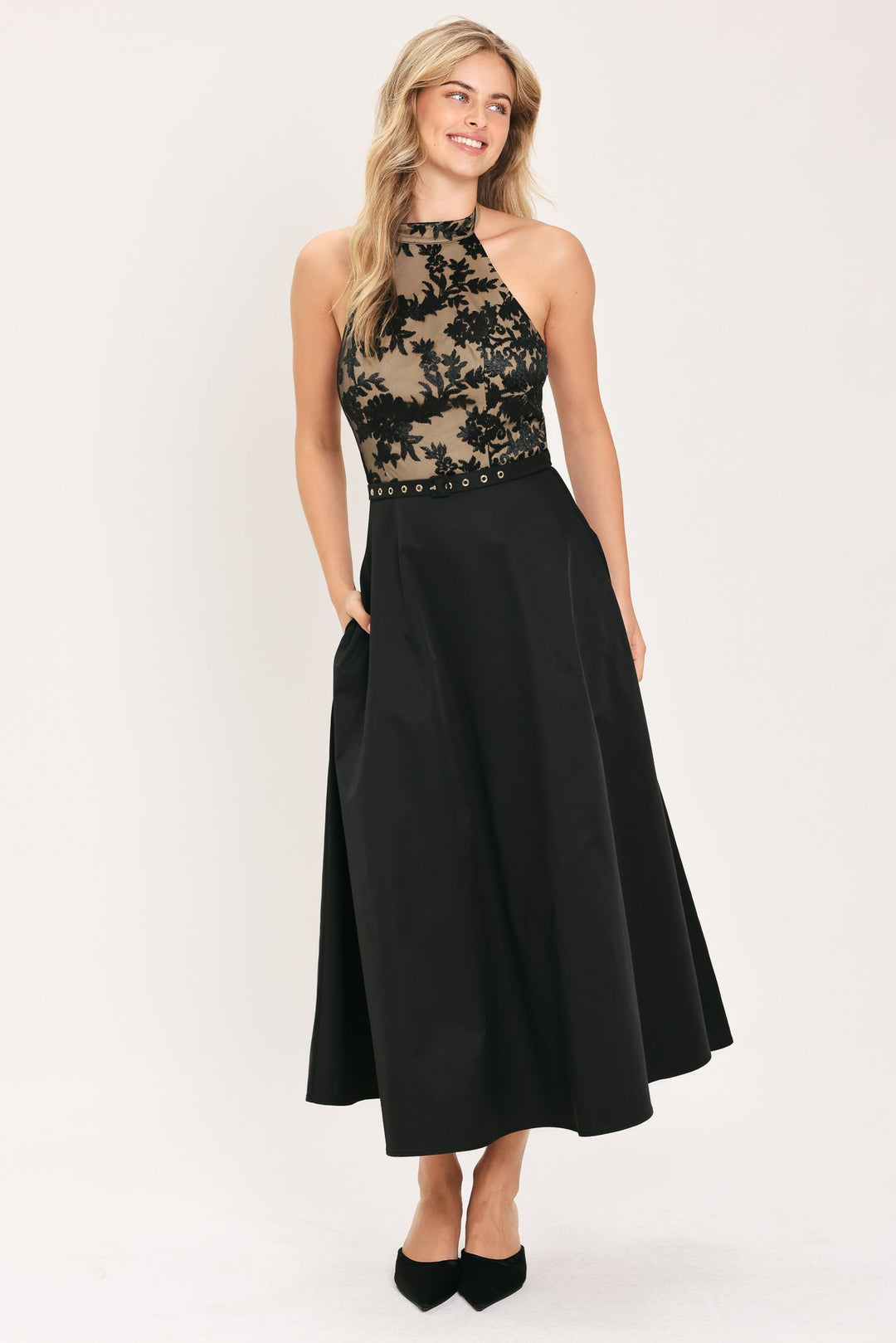 MIDNIGHT LACE BLACK HALTER LACE-BODICE MIDI DRESS