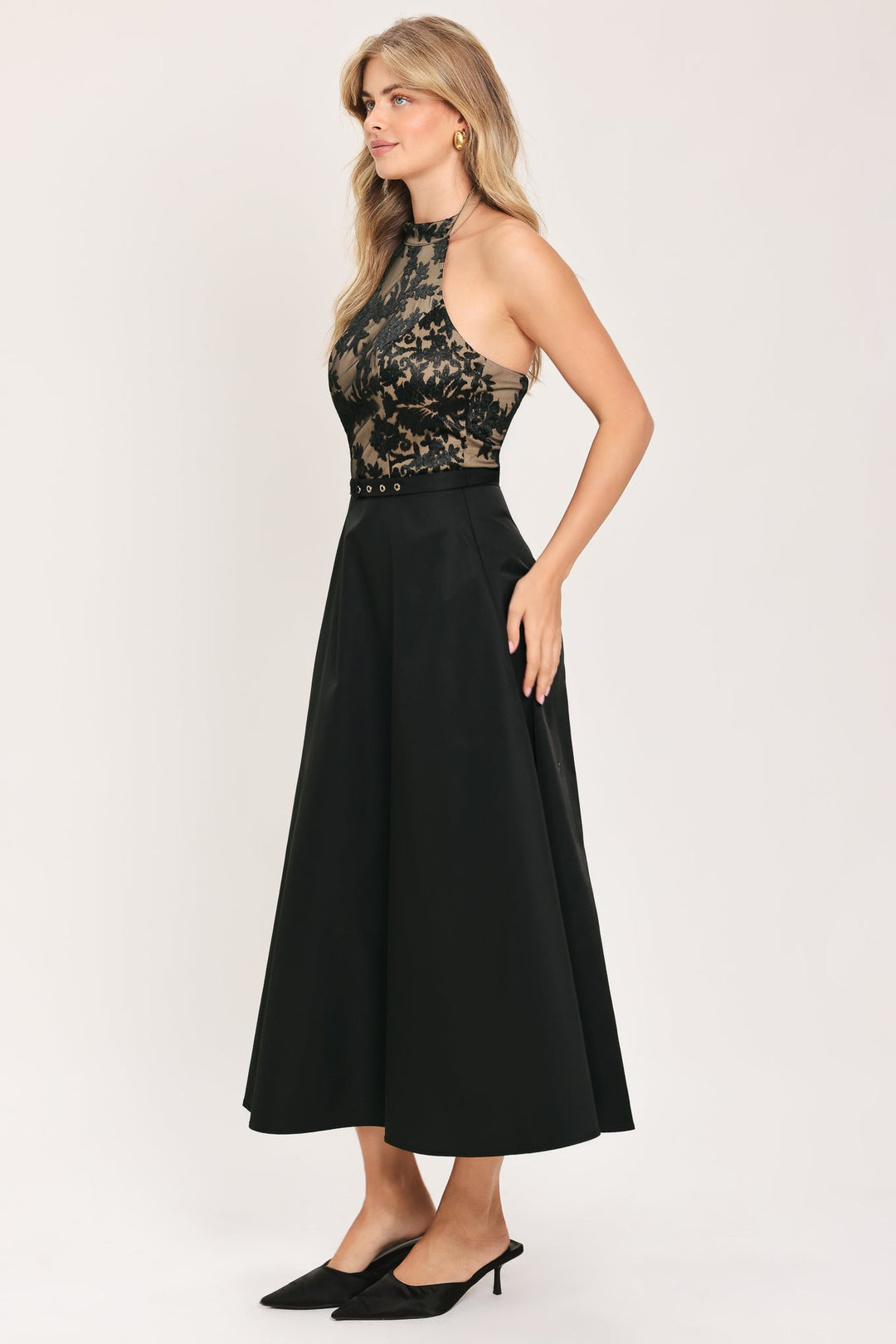 MIDNIGHT LACE BLACK HALTER LACE-BODICE MIDI DRESS