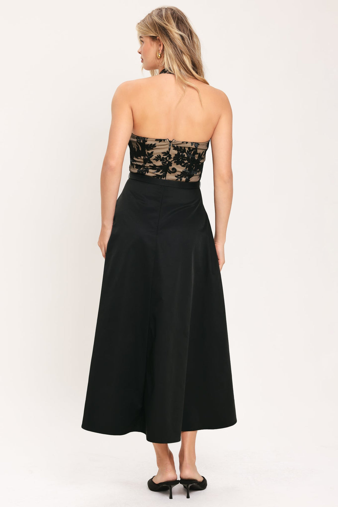 MIDNIGHT LACE BLACK HALTER LACE-BODICE MIDI DRESS