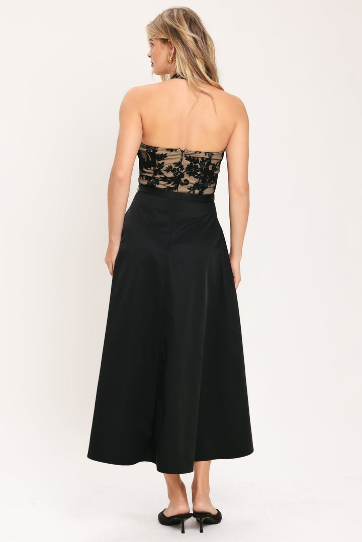 MIDNIGHT LACE BLACK HALTER LACE-BODICE MIDI DRESS