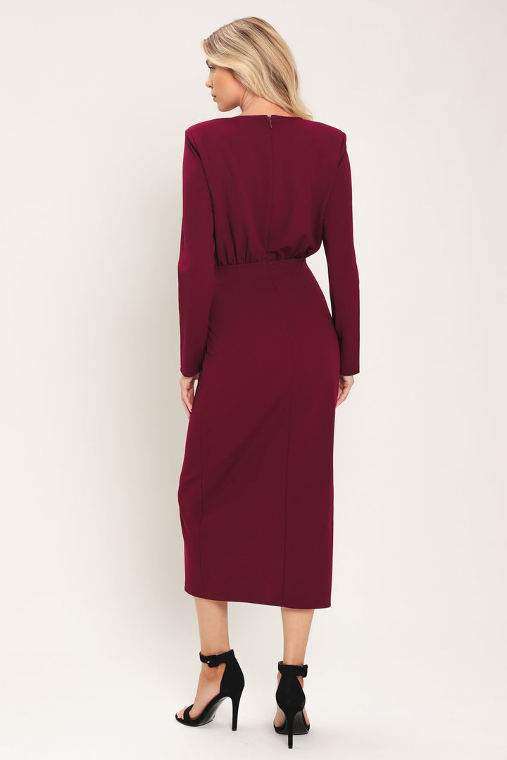 BORDEAUX SCULPT BURGUNDY GATHERED HARDWARE MIDI DRESS