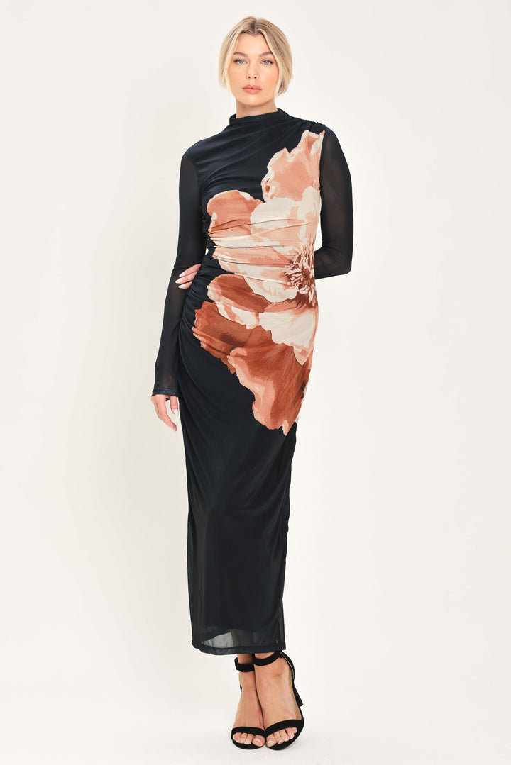 SHADOW BLOOM BLACK PRINTED MESH SHIRRED MIDI DRESS