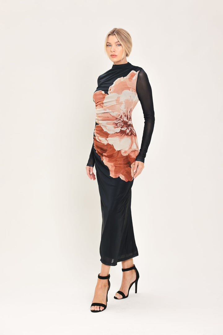 SHADOW BLOOM BLACK PRINTED MESH SHIRRED MIDI DRESS