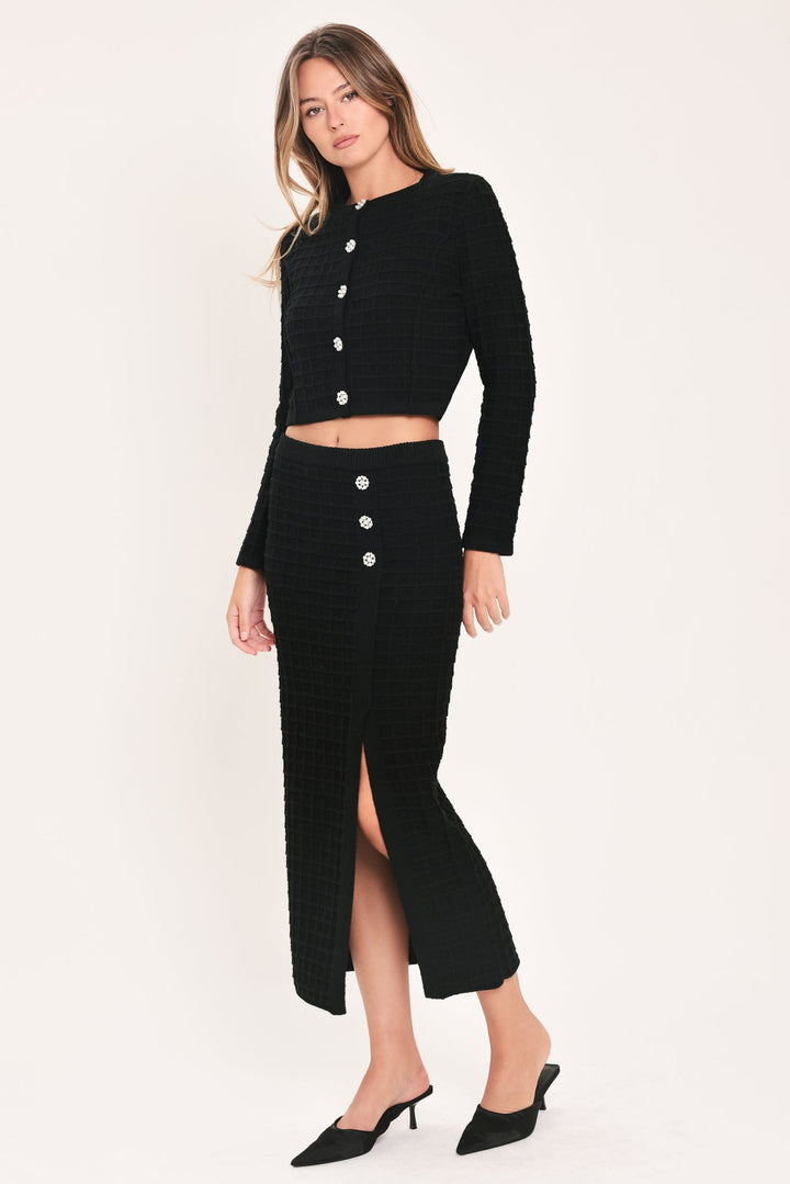 POLISHED MOMENT BLACK JEWEL-BUTTON CROPPED SWEATER TOP